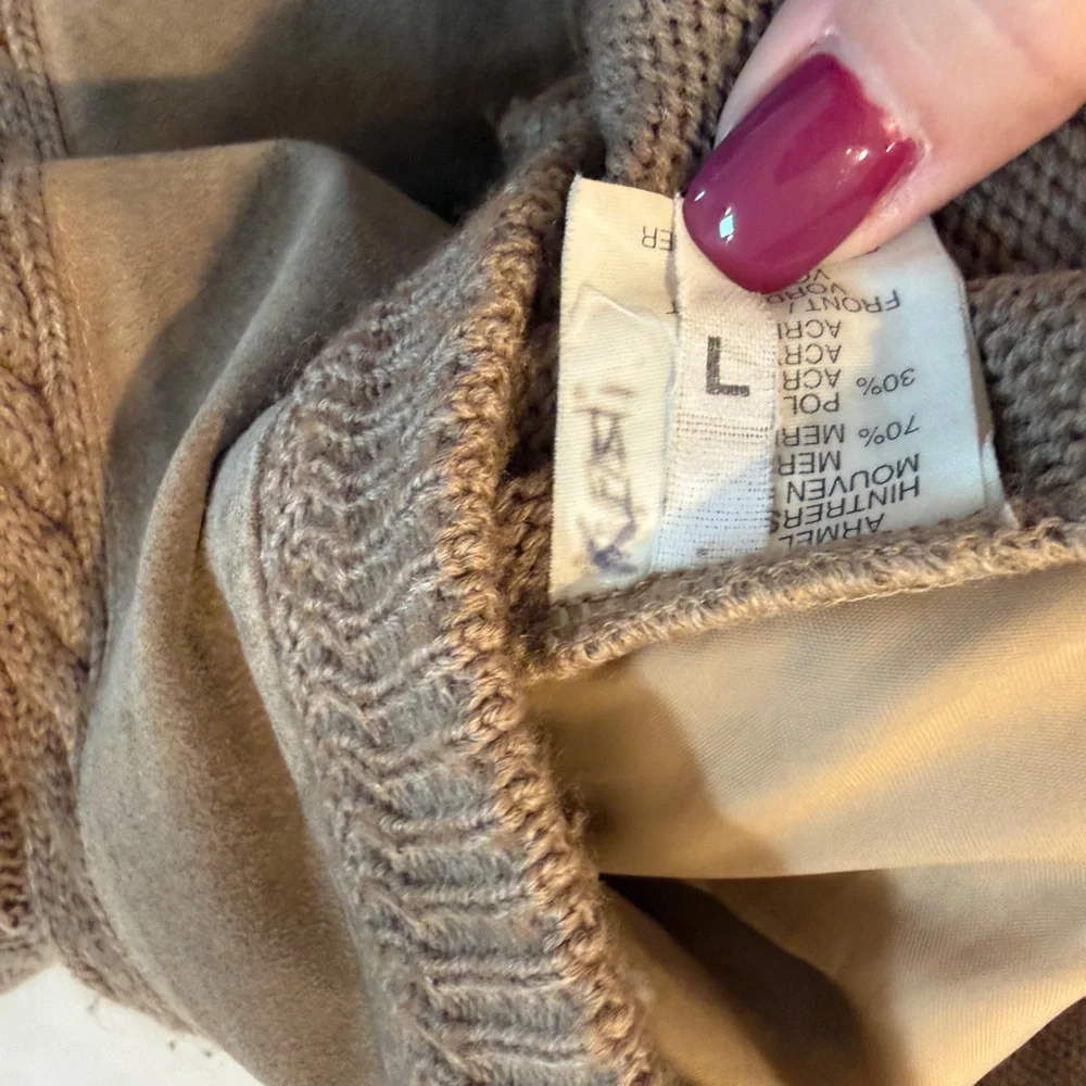 Norm Thompson Tan Suede Trim Wool Cable Knit Grandpa Cardigan Vintage Size L